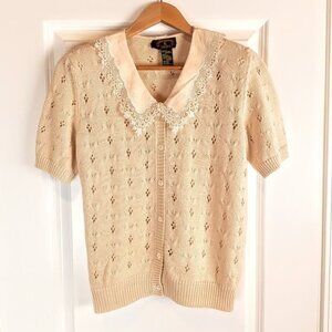 Vintage Charter Club Petites Cotton Lace Collar Cardigan Sweater